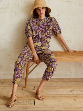 NWT Yerse Purple Floral Print Cotton Jumpsuit